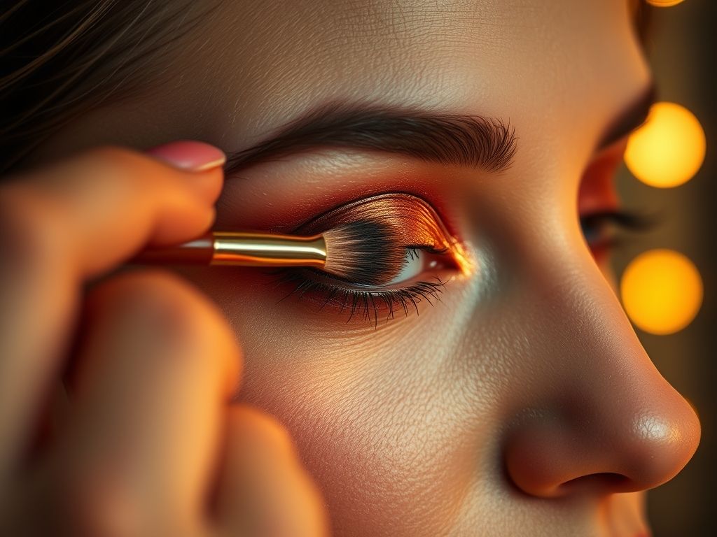 Mão aplicando sombra cobre na pálpebra de uma mulher, destacando a pigmentação e o acabamento metálico.