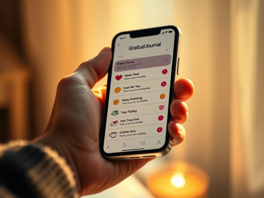 Uma mão segurando um smartphone com um aplicativo de diário de gratidão aberto, mostrando diversas entradas.