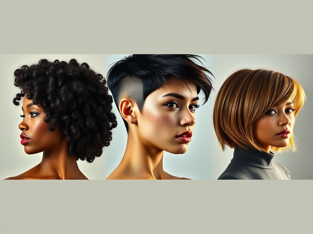 Imagem horizontal mostrando três cortes de cabelo curto diferentes: um bob cacheado, um pixie cut com laterais raspadas e um bob texturizado com franja. Modelos diversas em etnia e idade.