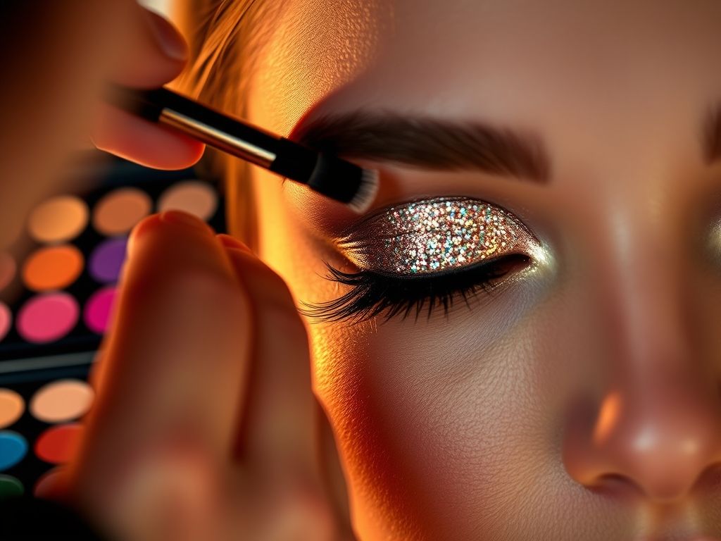Aplicação de sombra em um olho, mostrando a paleta de cores e a técnica de aplicação.