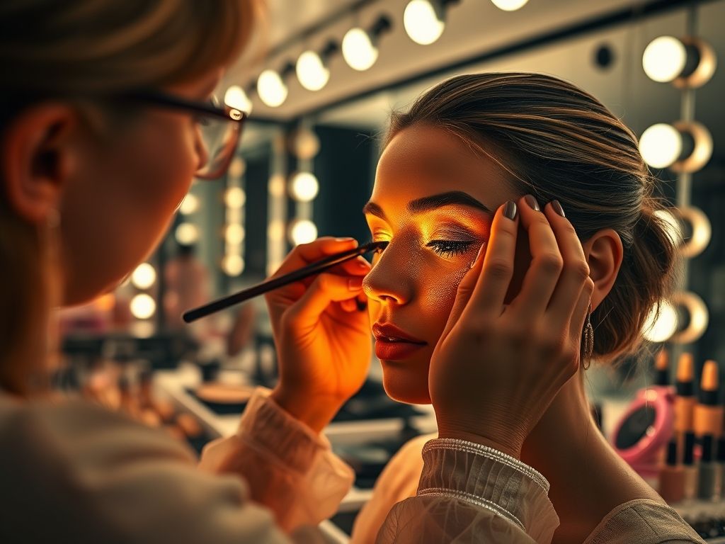 Maquiadora aplicando sombra dourada na pálpebra de uma mulher, com foco no brilho e na aplicação profissional.