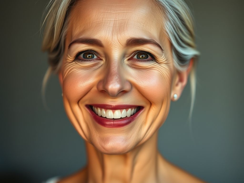 Mulher madura sorrindo, com iluminador sutil e bem aplicado realçando os pontos altos do rosto.