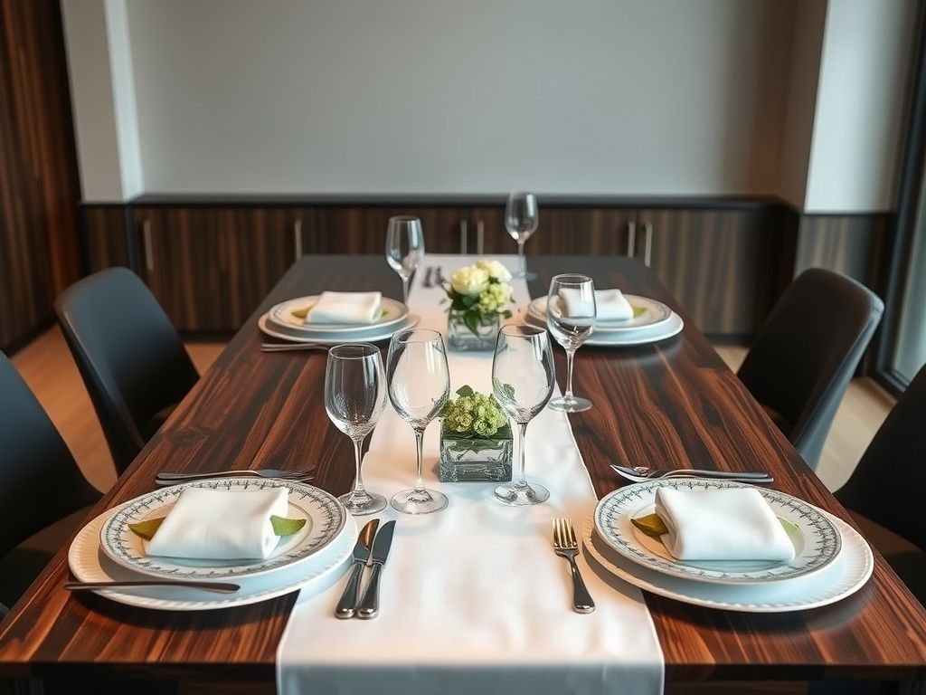 Mesa de jantar moderna com louças elegantes, toalha branca e arranjo de flores.