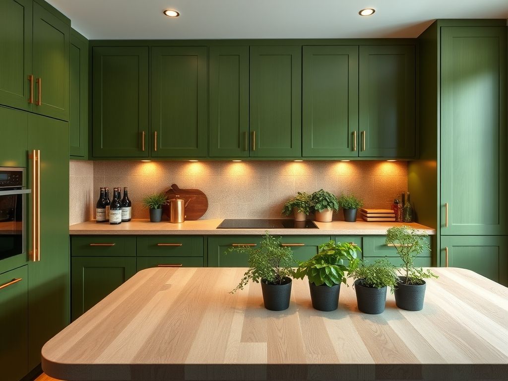 Cozinha moderna com armários verde musgo, bancada de madeira clara e detalhes em cobre.