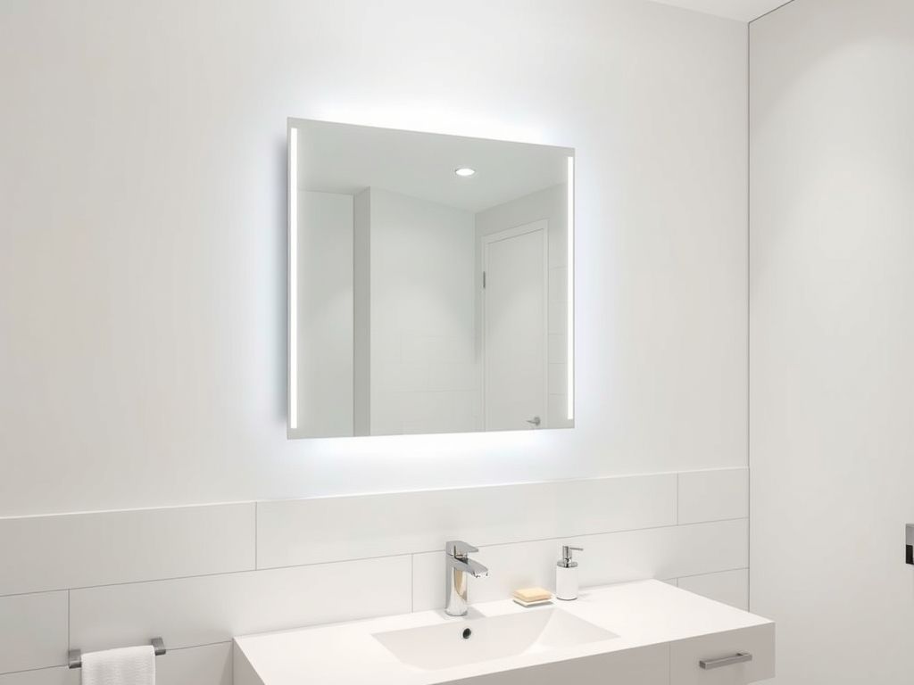 Espelho de maquiagem de parede com luzes LED integradas em um banheiro moderno.