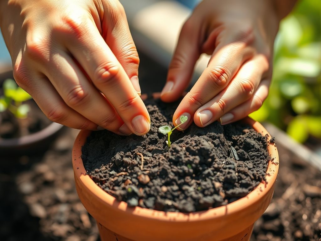 Pessoa plantando sementes em um vaso pequeno com terra.