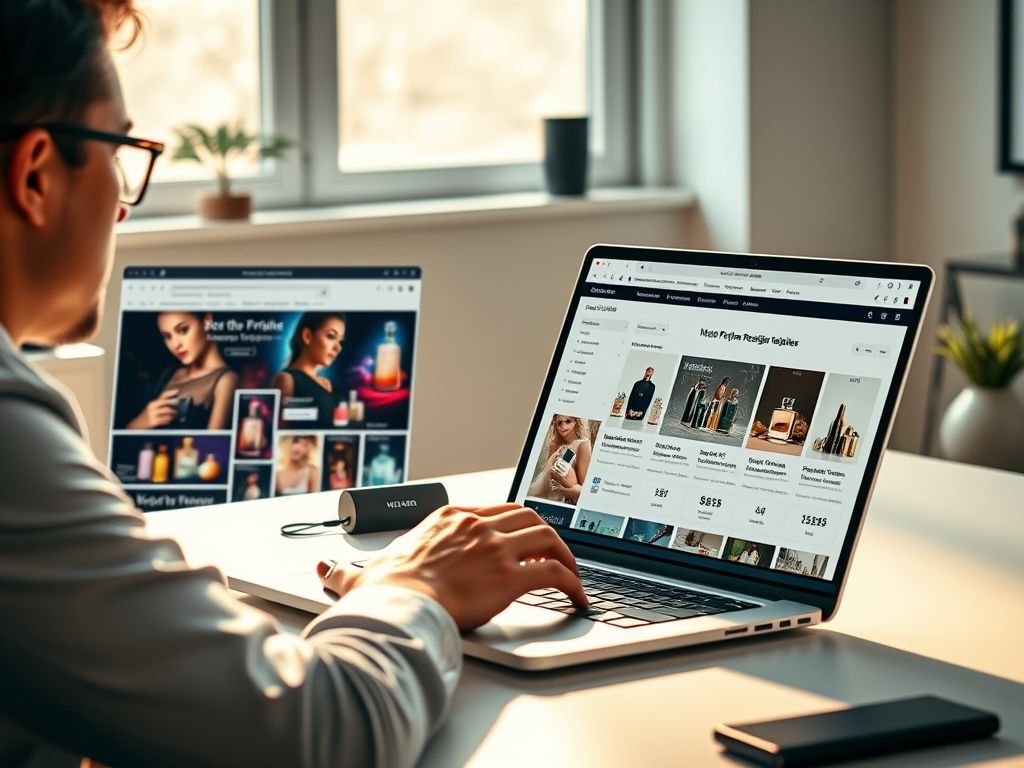 Comparando preços de perfumes online em diferentes lojas.