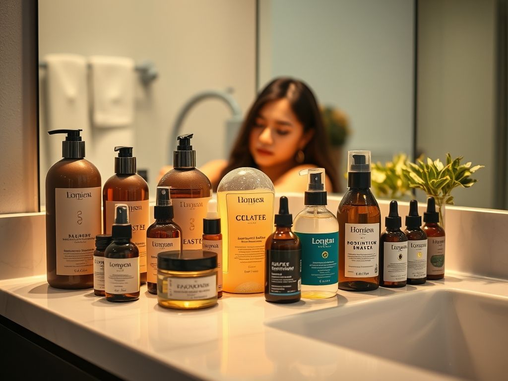 Uma variedade de produtos para cabelo, incluindo shampoo, condicionador, máscara e óleos, dispostos em um balcão de banheiro.