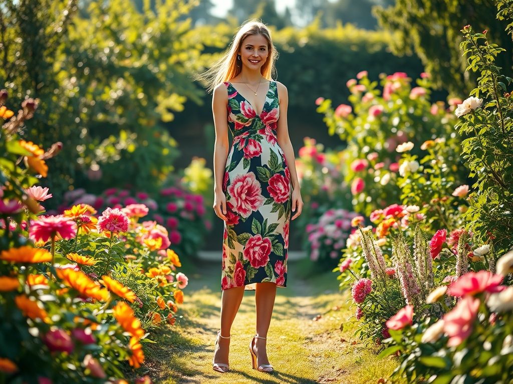 Mulher baixa usando um vestido midi com estampa floral, que termina logo abaixo do joelho, combinado com salto alto, demonstrando como alongar as pernas.