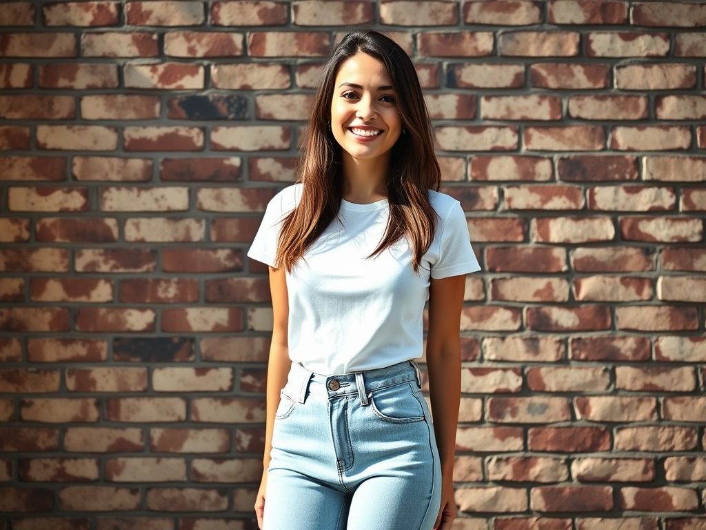 Mulher baixa usando jeans de cintura alta e camiseta branca, demonstrando como a cintura alta alonga as pernas.