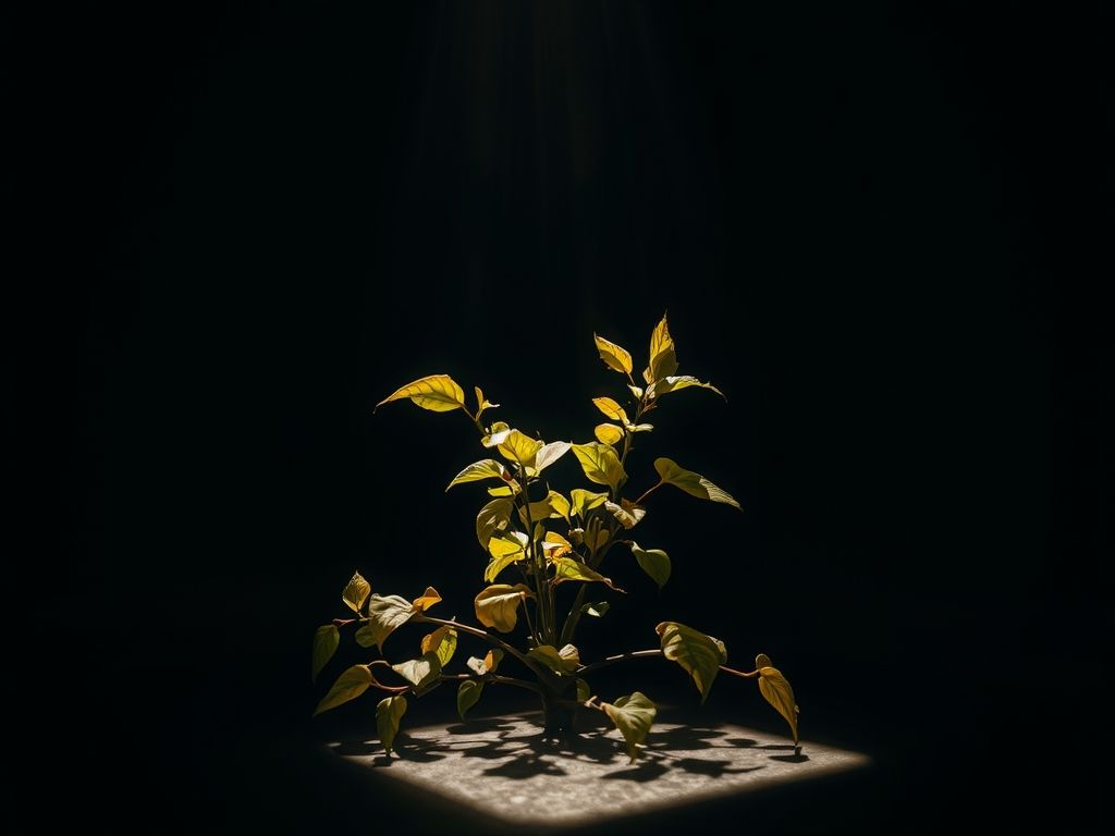 Planta em um canto escuro com folhas pálidas e amareladas, simbolizando a falta de luz.