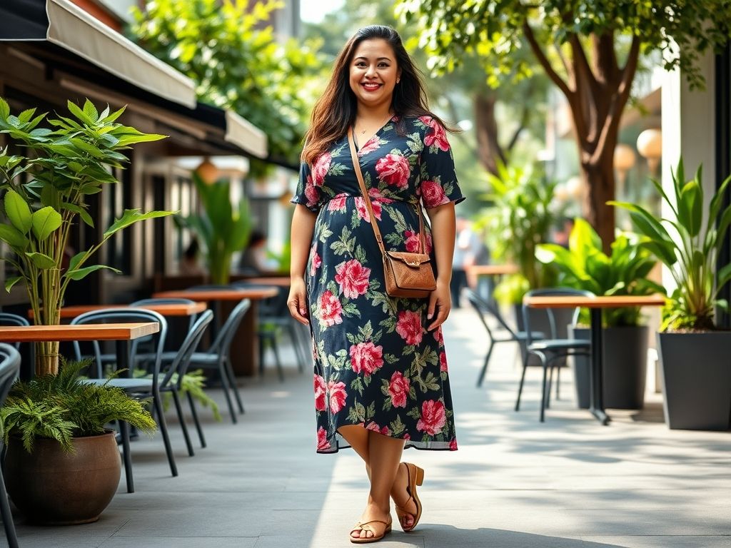 Mulher plus size vestindo um vestido midi floral, sandálias rasteirinhas e bolsa tiracolo em um almoço casual com amigas.