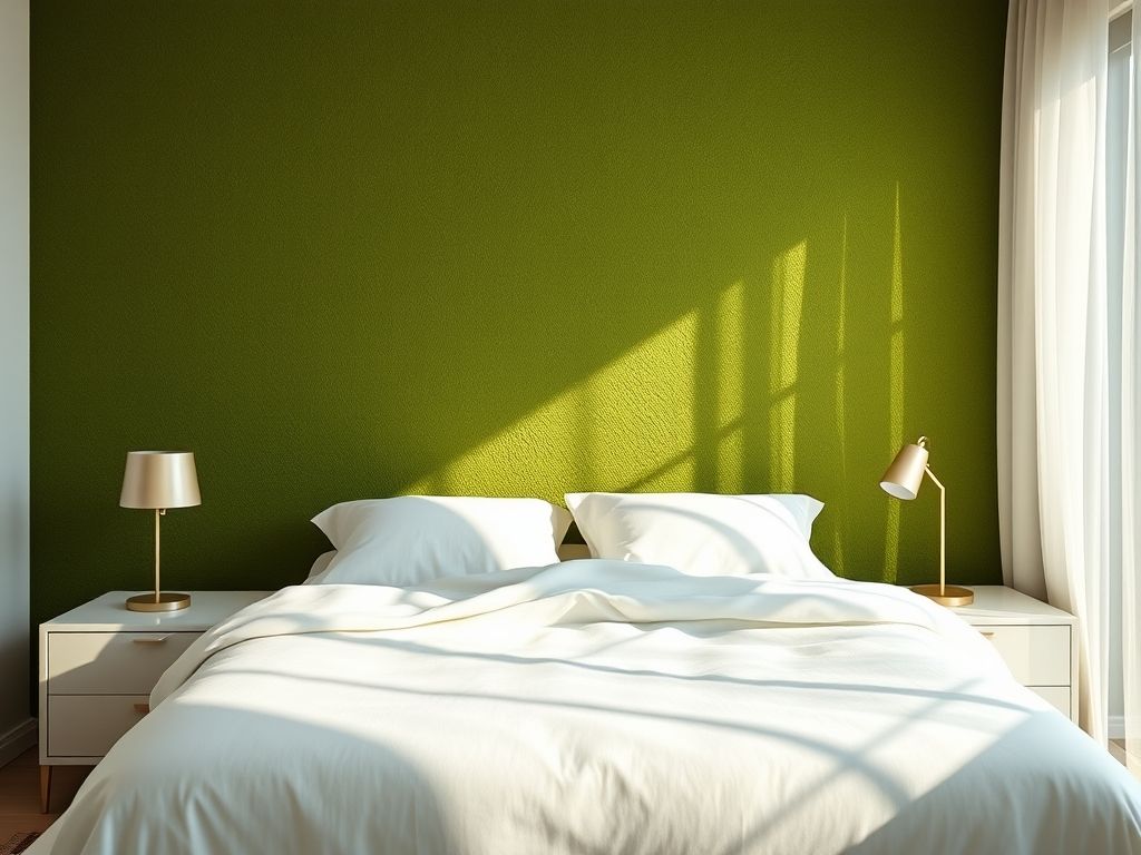 Quarto com parede verde musgo, roupa de cama branca e iluminação suave.