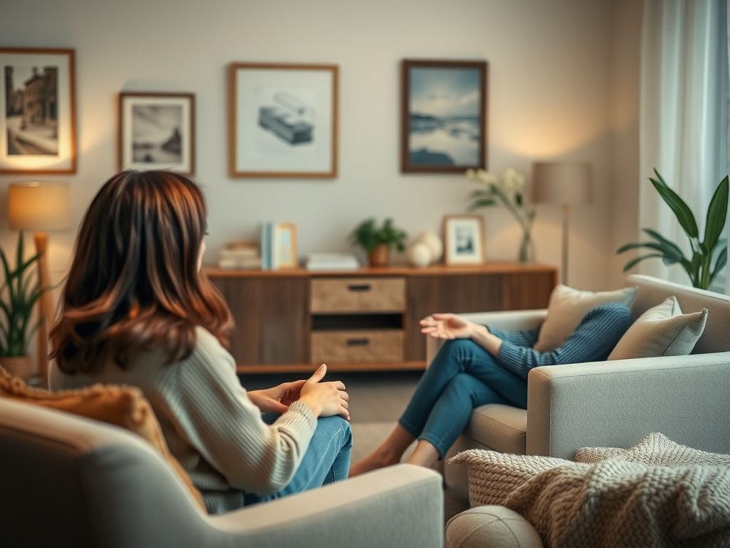 Uma mulher em uma sessão de terapia, demonstrando a importância de buscar ajuda profissional para cuidar da saúde mental.