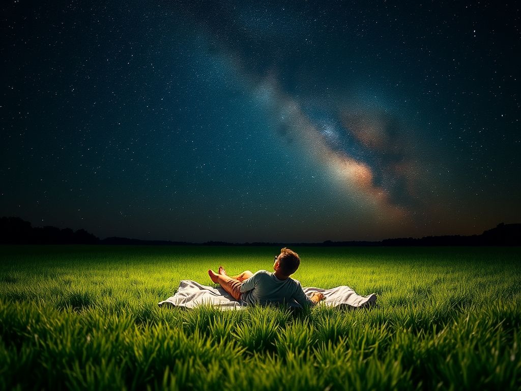 Uma pessoa deitada em um campo olhando para o céu estrelado, com a Via Láctea visível.
