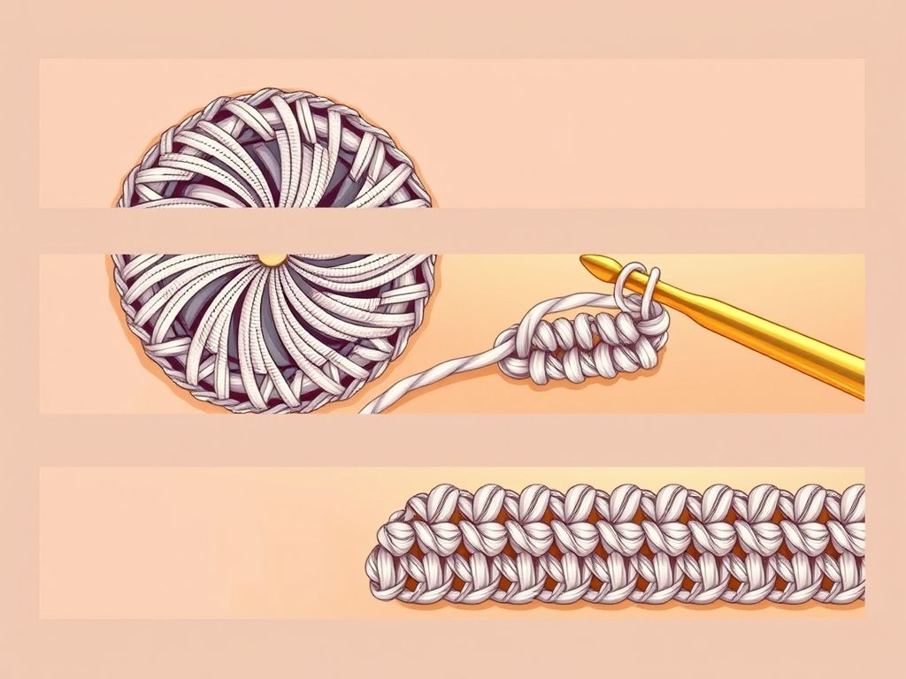 Passo a passo simplificado da criação de um sousplat de crochê fio de malha, mostrando o início, o processo intermediário e a peça finalizada.