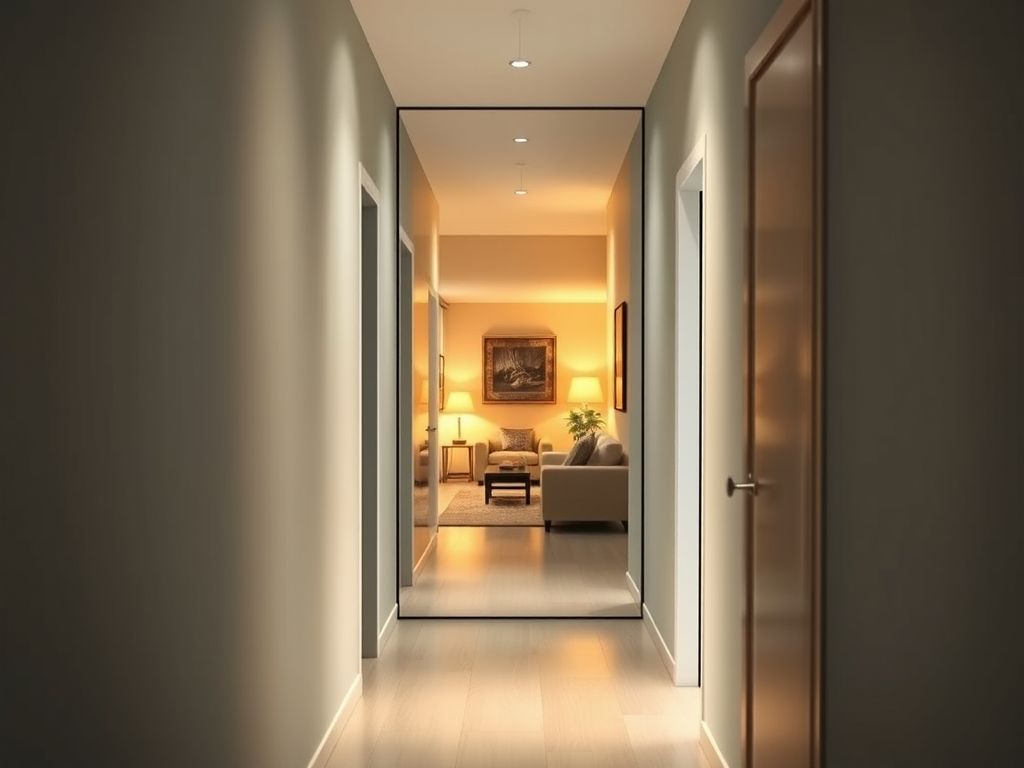 Corredor estreito ampliado visualmente por um grande espelho refletindo a sala de estar.