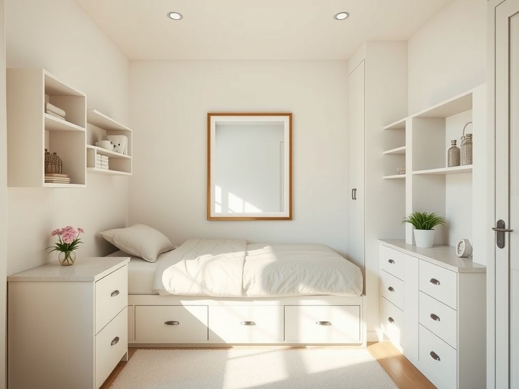 Quarto pequeno decorado com cores claras, espelhos e móveis multifuncionais.