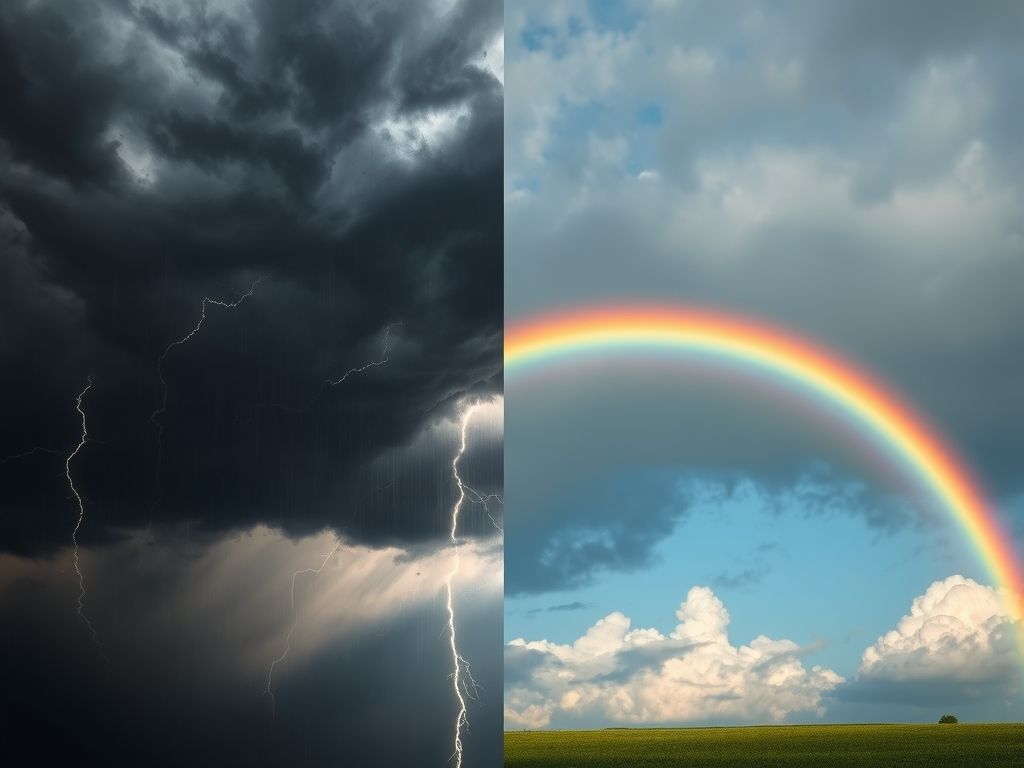 Imagem dividida mostrando um céu tempestuoso e um arco-íris, simbolizando encontrar gratidão mesmo em momentos difíceis.