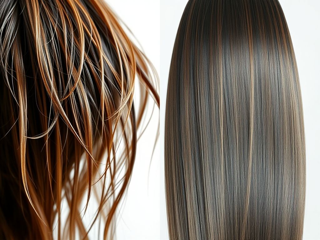 Comparação entre cabelo seco e danificado e cabelo hidratado e saudável.