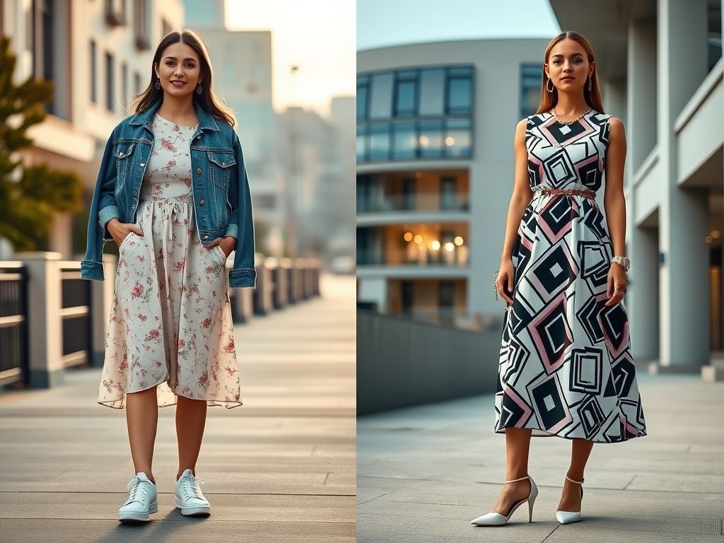 Exemplos de looks casuais e formais com vestido midi estampado.