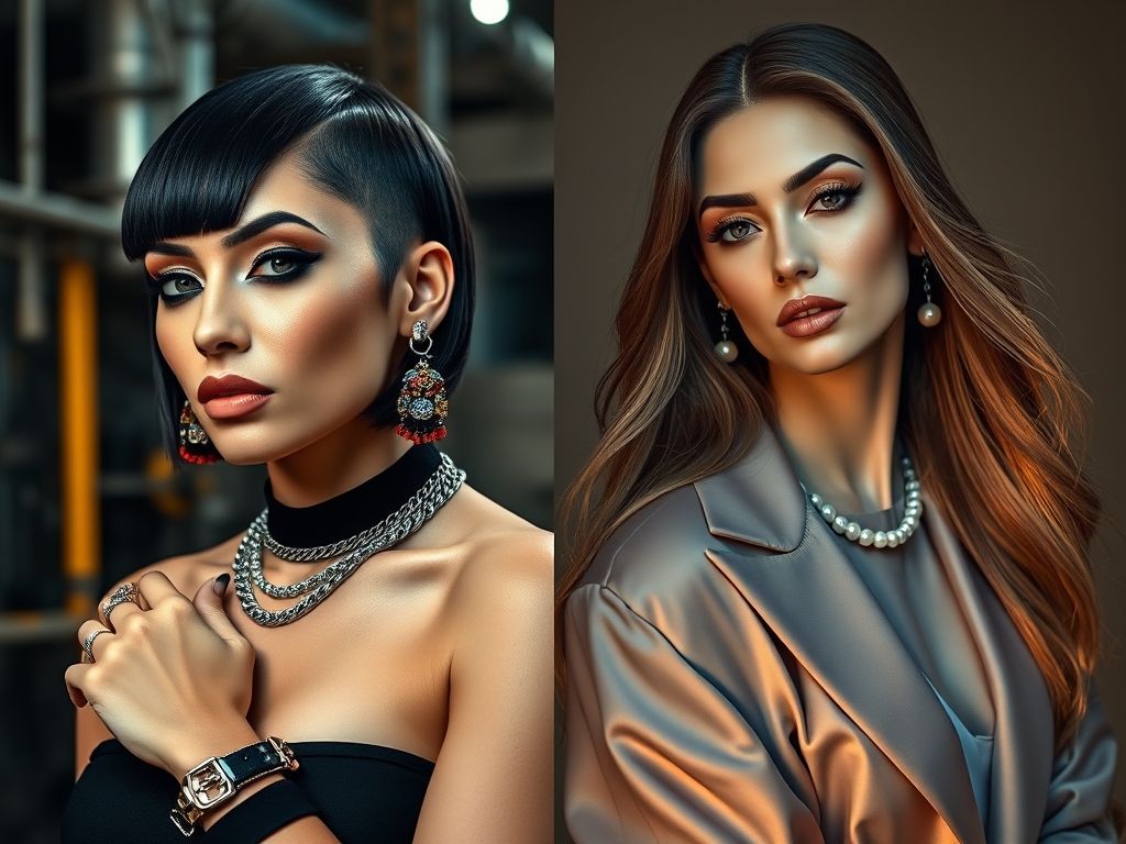 Imagem dividida mostrando uma mulher com corte bob curto e acessórios modernos, e outra com cabelo longo e joias clássicas e elegantes.