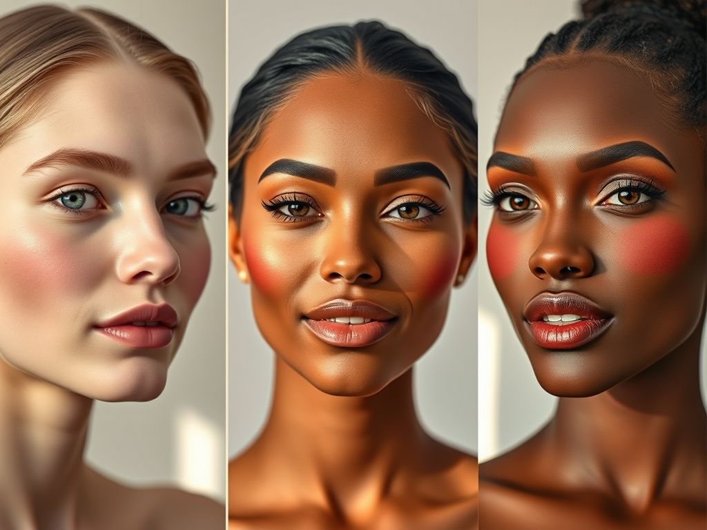Imagem dividida mostrando diferentes tons de blush para diferentes tons de pele: pele clara com blush rosa, pele morena com blush bronze e pele negra com blush vinho.