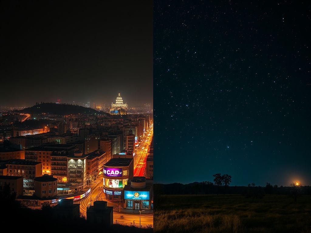 Comparação entre um céu noturno poluído pela luz da cidade e um céu noturno limpo em uma área rural.