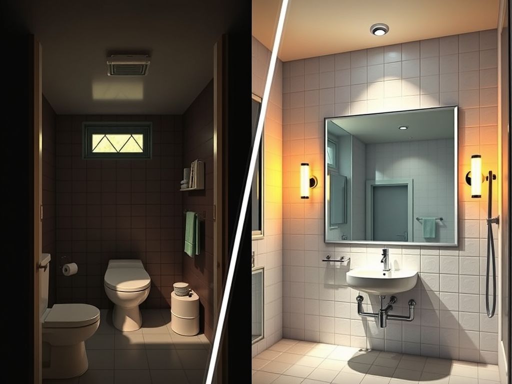 Comparação de um banheiro pequeno sem espelho e o mesmo banheiro com um espelho grande, mostrando o aumento da sensação de espaço.