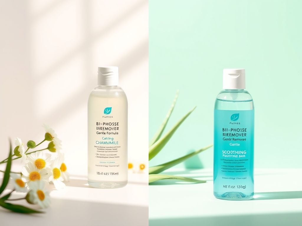 Comparativo visual de demaquilante bifásico para pele sensível e para pele oleosa.