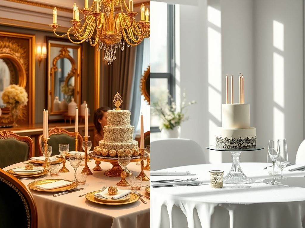 Comparação de dois estilos de decoração de mesa de aniversário: luxuoso com detalhes em dourado e minimalista com decoração simples e clean.