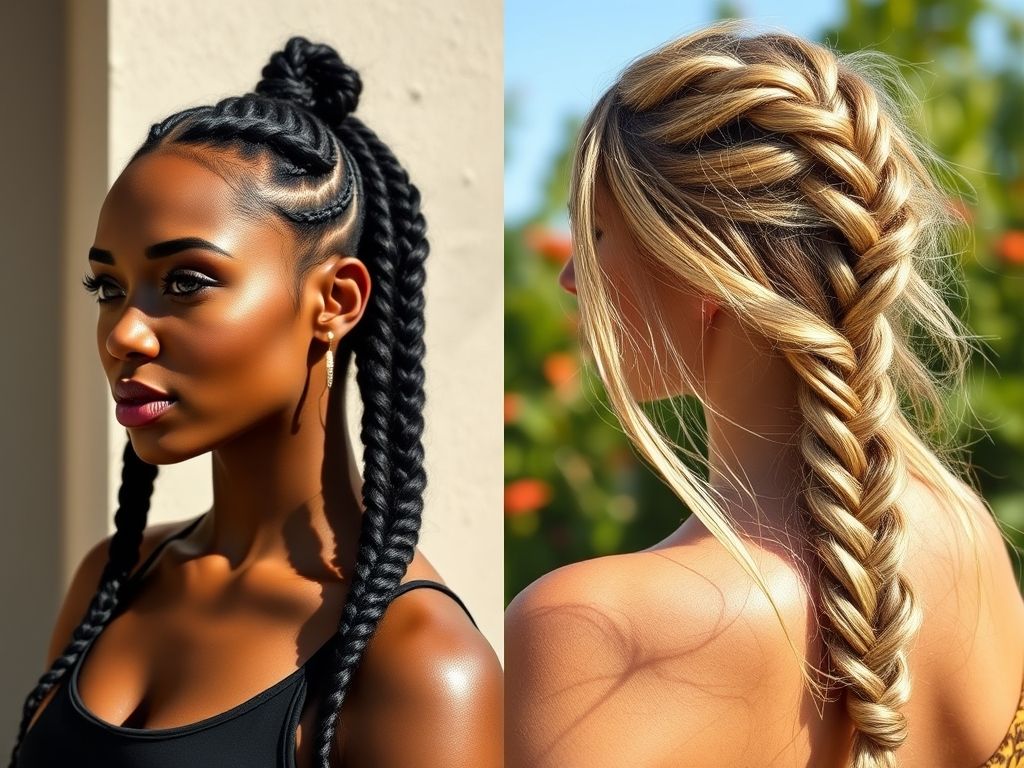 Imagem dividida mostrando tranças boxeadoras com um visual atlético e uma trança cascata com um visual romântico.