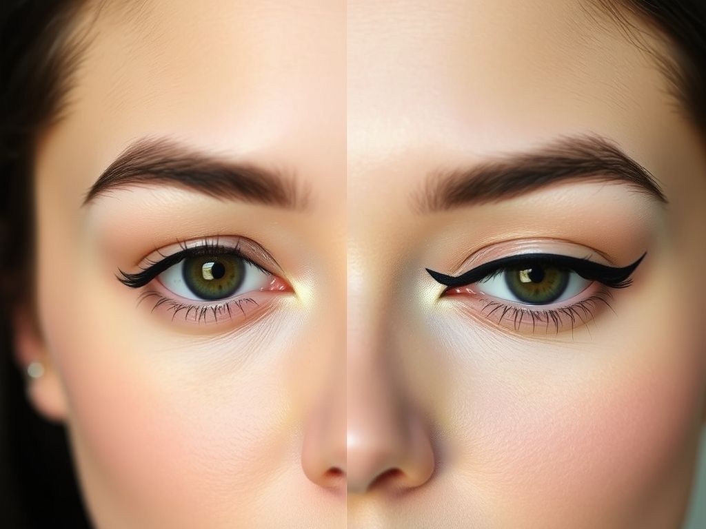 Imagem dividida mostrando diferentes aplicações de lápis de olho para diferentes formatos de olhos: olhos pequenos e olhos grandes.