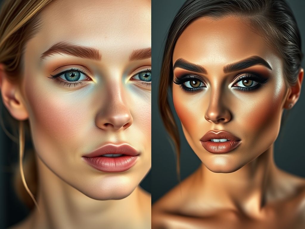 Imagem dividida mostrando dois looks distintos criados com a mesma paleta de sombras neutras: um look diurno suave e um look noturno dramático.