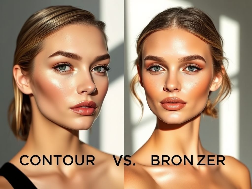 Comparação entre o efeito do contorno e do bronzer na maquiagem.