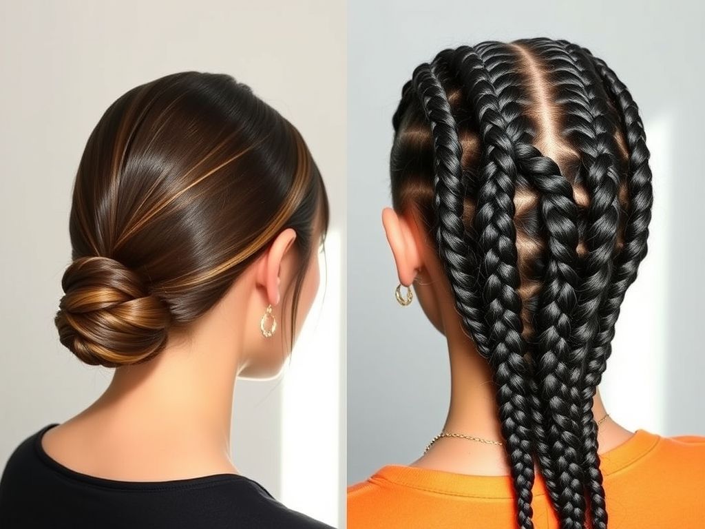 Imagem dividida mostrando um rabo de cavalo baixo elegante e tranças boxeadoras modernas.