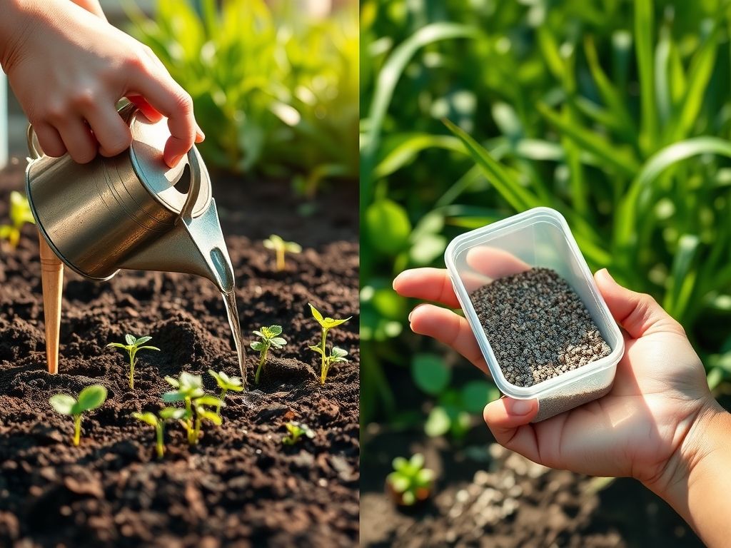 Imagem dividida mostrando mãos regando mudas e aplicando fertilizante.