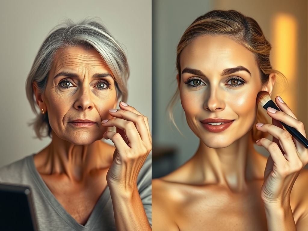 Comparativo de aplicação de base: à esquerda, base pesada marcando rugas; à direita, base leve proporcionando um aspecto natural.