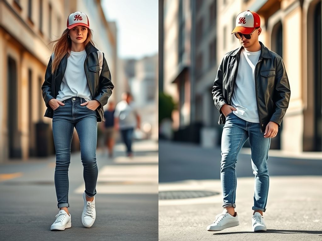 Imagem dividida mostrando um look casual com jeans e um look sofisticado com vestido, ambos com jaqueta de couro.