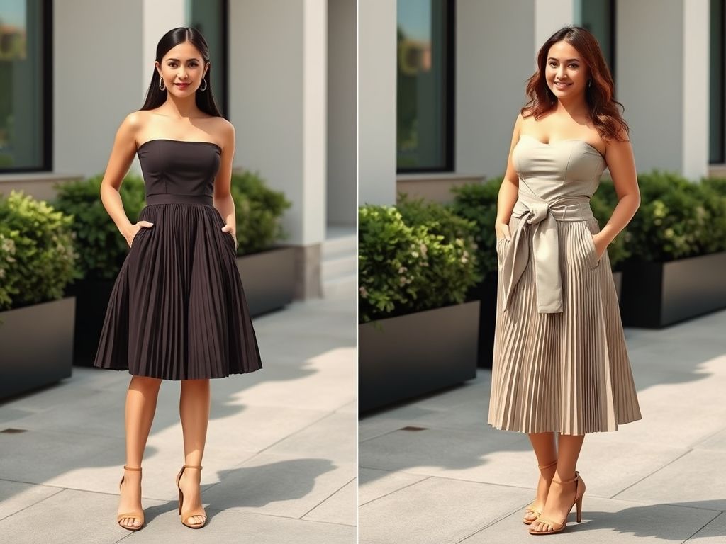 Imagem comparando como a saia midi plissada pode ser usada para valorizar diferentes tipos de corpo.