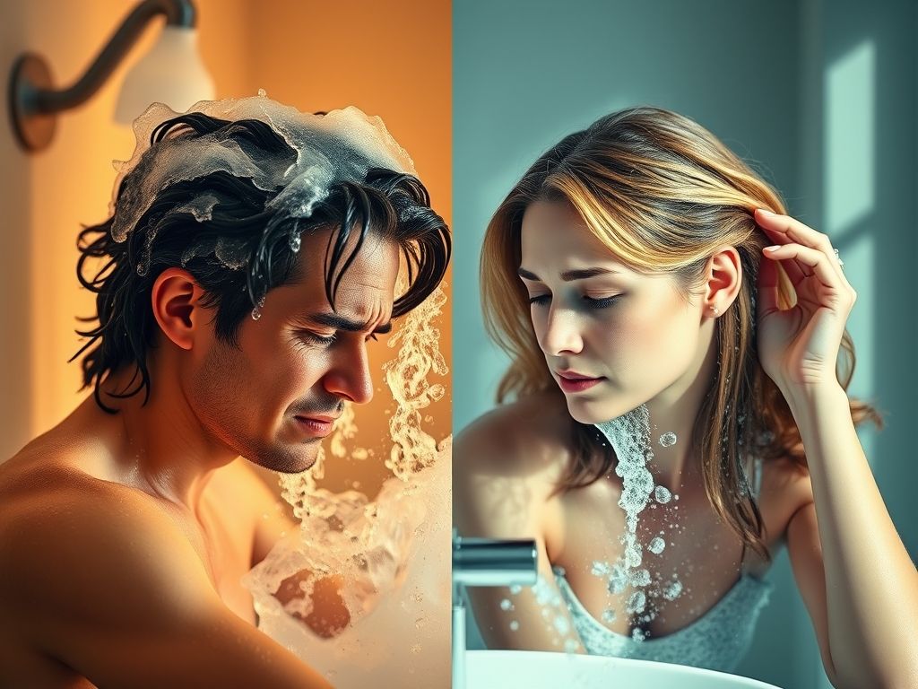 Comparativo entre lavar o cabelo com água quente, que danifica os fios, e água morna, que é mais suave.