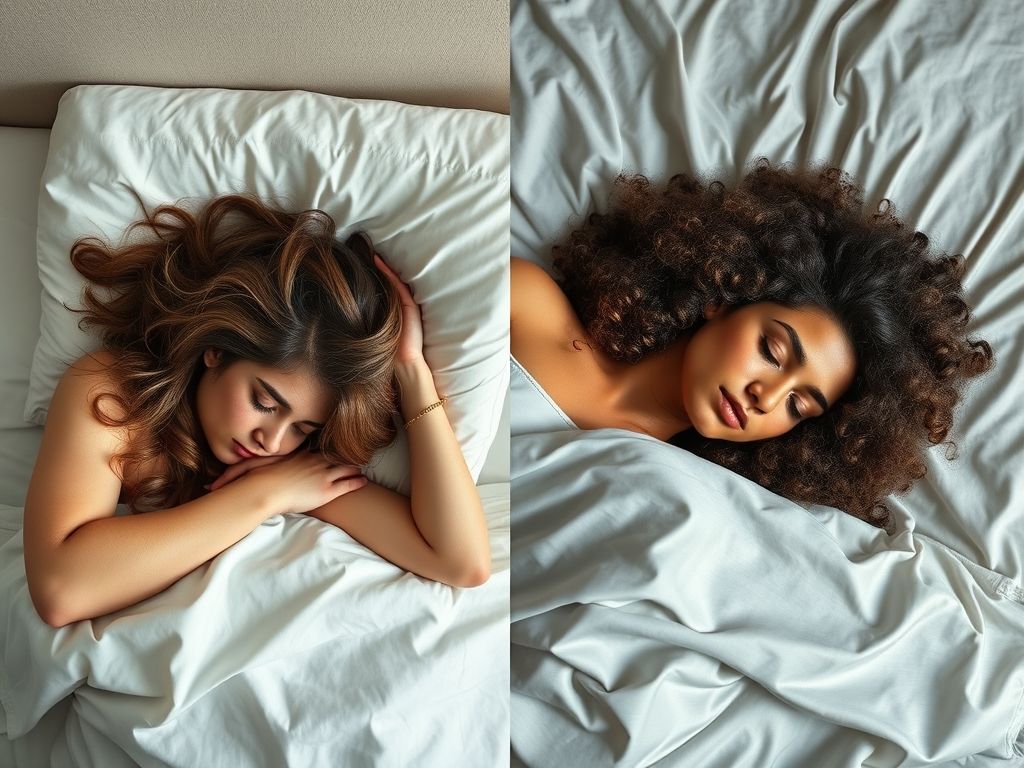 Comparação entre cabelos em fronha de algodão (com frizz) e fronha de cetim (cachos definidos).