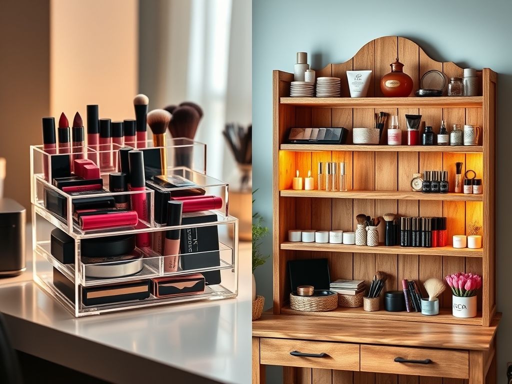 Comparativo visual entre um organizador de acrílico e um organizador giratório para maquiagem.