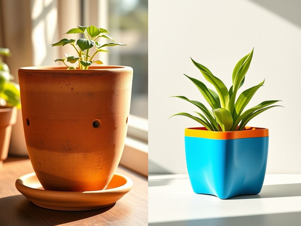 Imagem dividida mostrando dois tipos diferentes de vasos de plantas. Um vaso de terracota com furos de drenagem visíveis e um vaso de plástico moderno com sistema de auto-irrigação integrado.