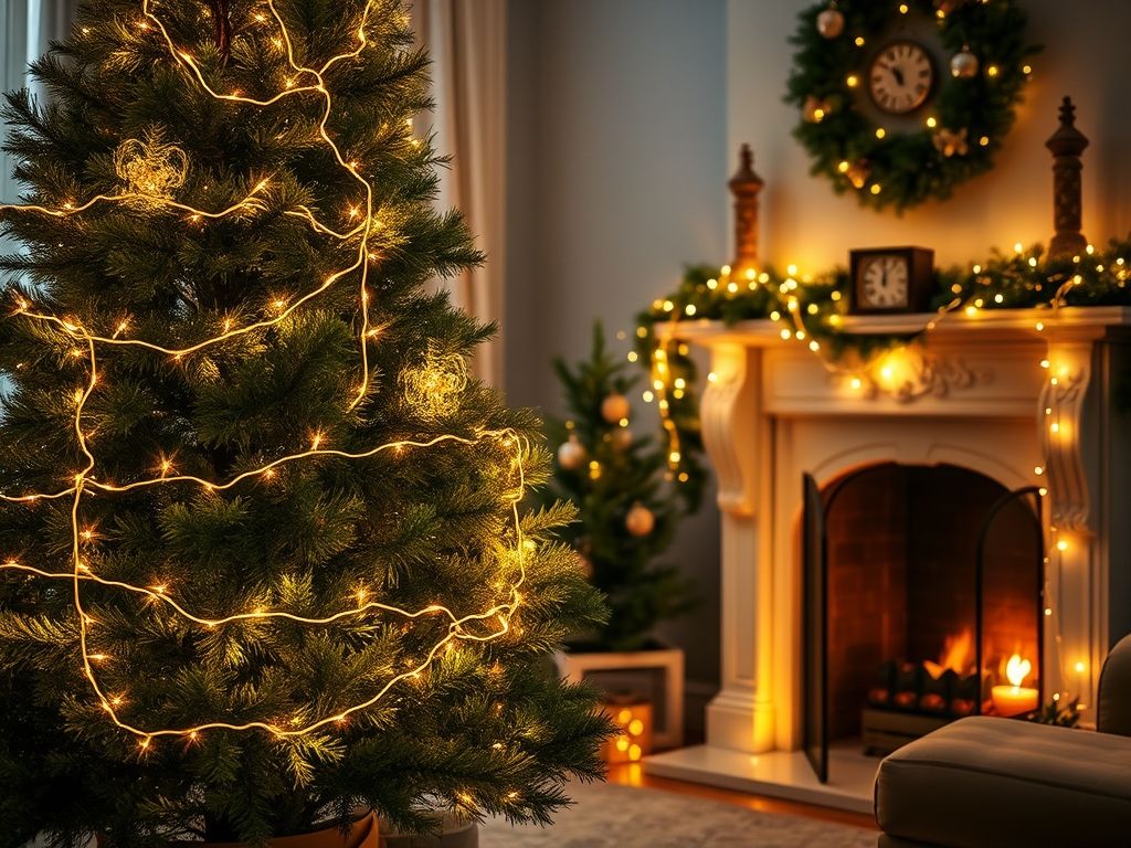 Luzes de LED brancas quentes decorando uma árvore de Natal e uma lareira, criando um ambiente mágico.