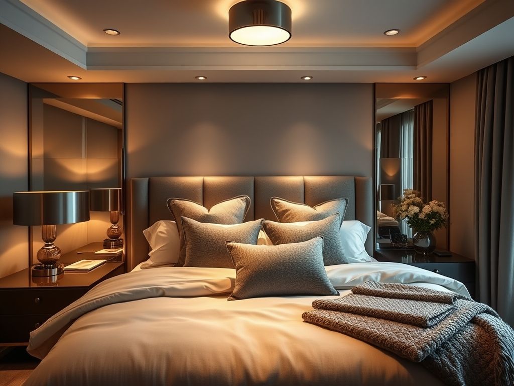 Iluminação aconchegante em um quarto de casal planejado, com luzes indiretas e atmosfera relaxante.
