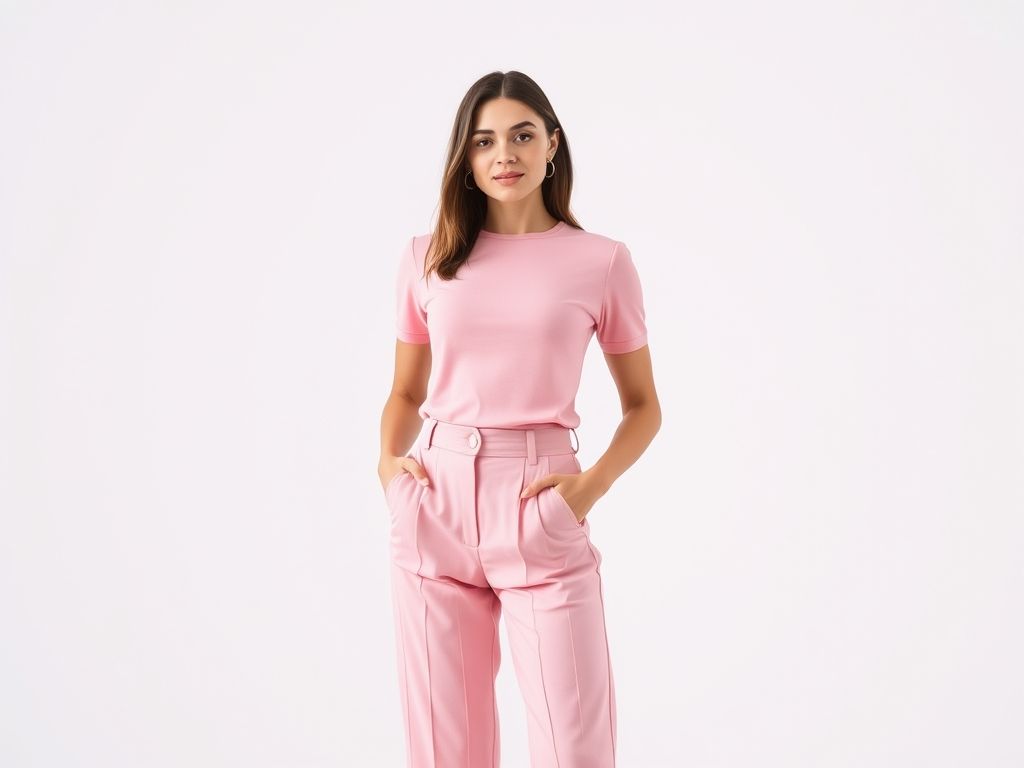Mulher baixa e estilosa usando um look monocromático rosa pastel, composto por calças de cintura alta e blusa combinando, demonstrando o efeito de alongamento da silhueta.