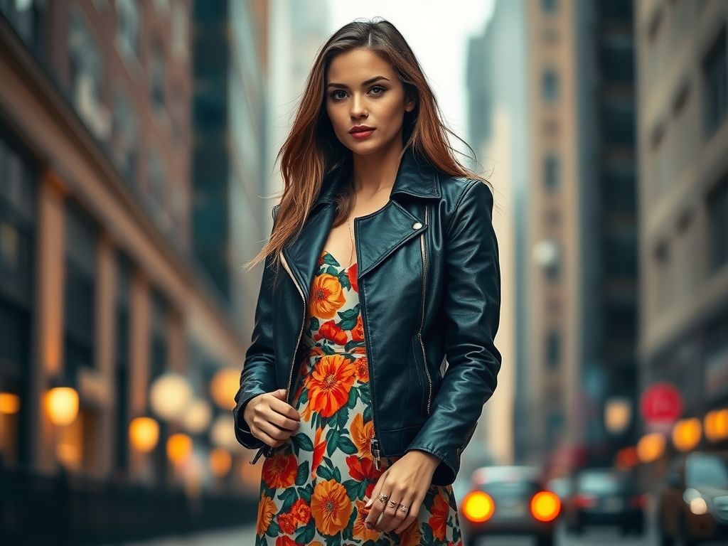 Mulher estilosa posando com uma jaqueta de couro preta e um vestido floral.
