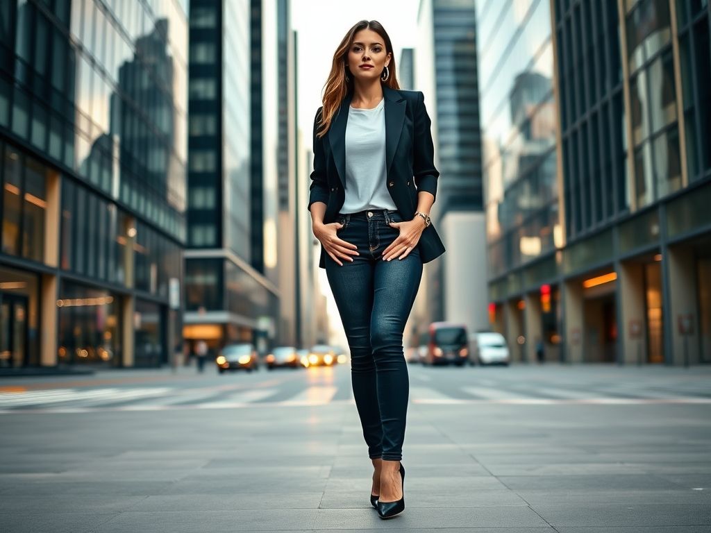 Look casual e moderno com jeans skinny, camiseta branca, blazer preto e sandália de salto alto fina preta.