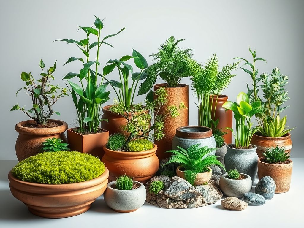 Uma variedade de plantas de jardim zen, incluindo musgo, samambaias, bambu e um pequeno bonsai exibidos em vasos de terracota e recipientes de tamanhos variados.
